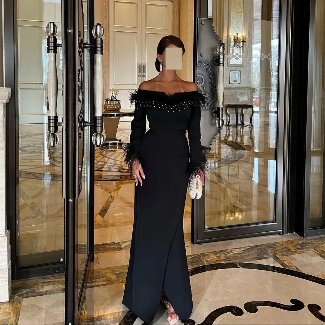 Lovestory Elegant Party Women Wear Black Dresses for Evening Bateau Neck Beaded Feathers Prom Dress Long Sleeves Side Slit Gowns
Lovestory Elegant Party Women Wear Black Dresses for Evening Bateau Neck Beaded Feathers Prom Dress Long Sleeves Side Slit Gowns