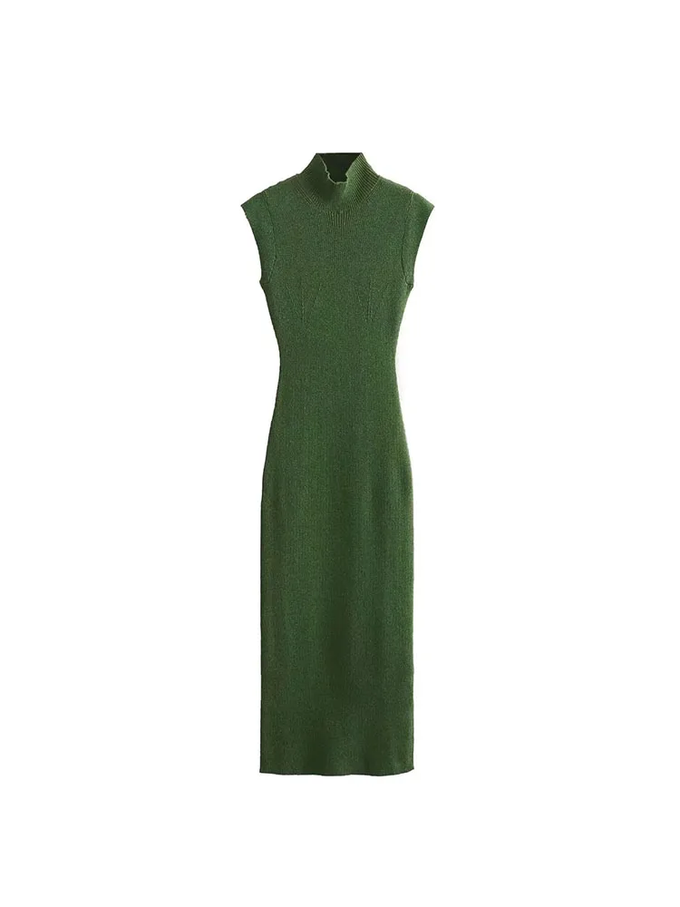 

ZADATA 2024 новое женское зеленое тонкое простое и универсальное Ретро повседневное модное трикотажное платье без рукавов