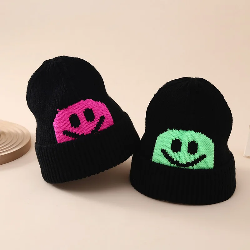 

Winter Baby Knitted Beanie Hat Warm Kids Wool Cap Smile Face Print Children Accessories for Boys Girls Halloween Pullover Hats