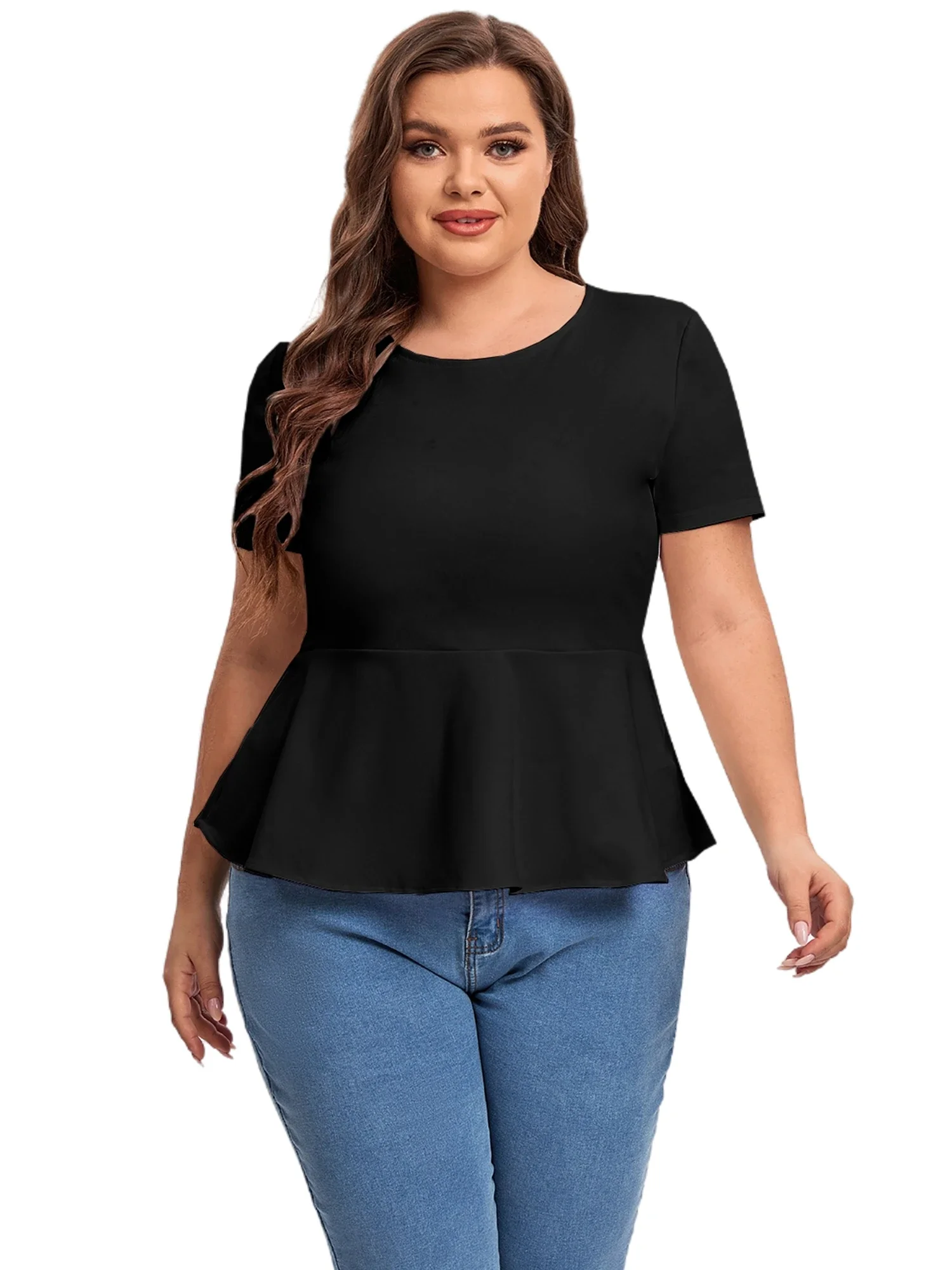

Plus Size Short Sleeve Elegant Summer Peplum Tops Women Keyhole Back Casual Ruffle T-shirt Tee Plus Size Clothing Women 6XL 7XL