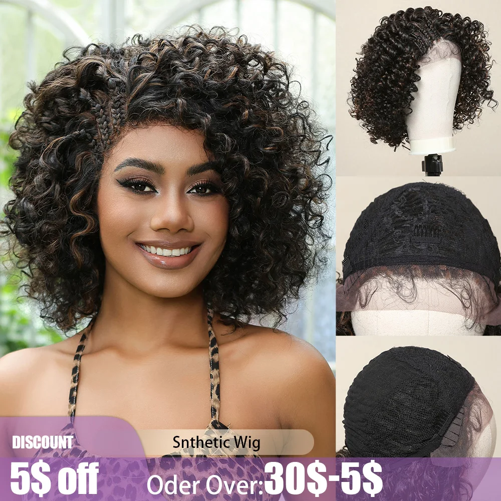 

Afro Wig Lace Front Synthetic Wig Short Kinky Curly Bomb Wig with Braided Hairline Black Highlight Brown Wig for Women Brazilian