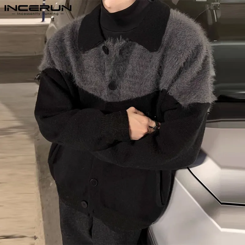 

INCERUN Топы 2024 в Корейском стиле новые мужские контрастные плюшевые лоскутные куртки пальто повседневная Уличная одежда куртки с длинным рукавом