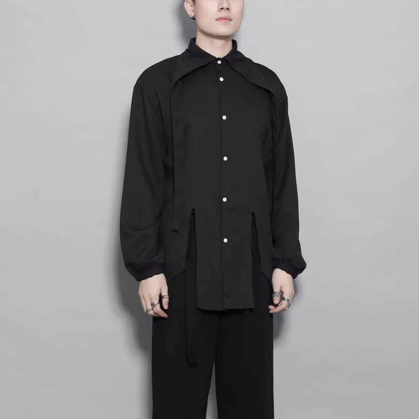 

2023 autumn original fashion brand British black personality neckline irregular splicing slim solid color long sleeve shirt men