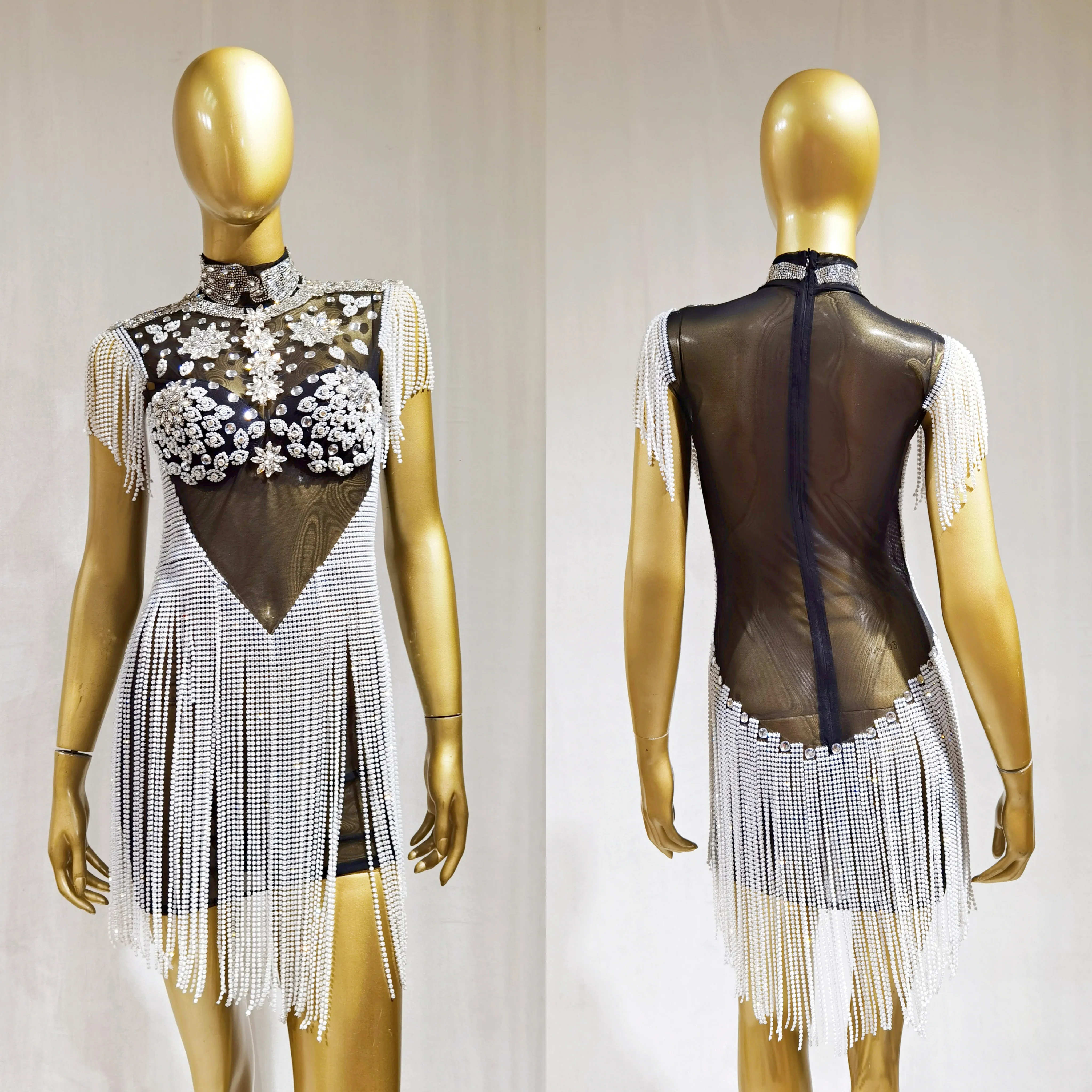 

New Designed Big Pearls Rhinestones Stretch Transparent Jumpsuit Evening Birthday Celebrate Outfit Sexy Dancer Bodysuit