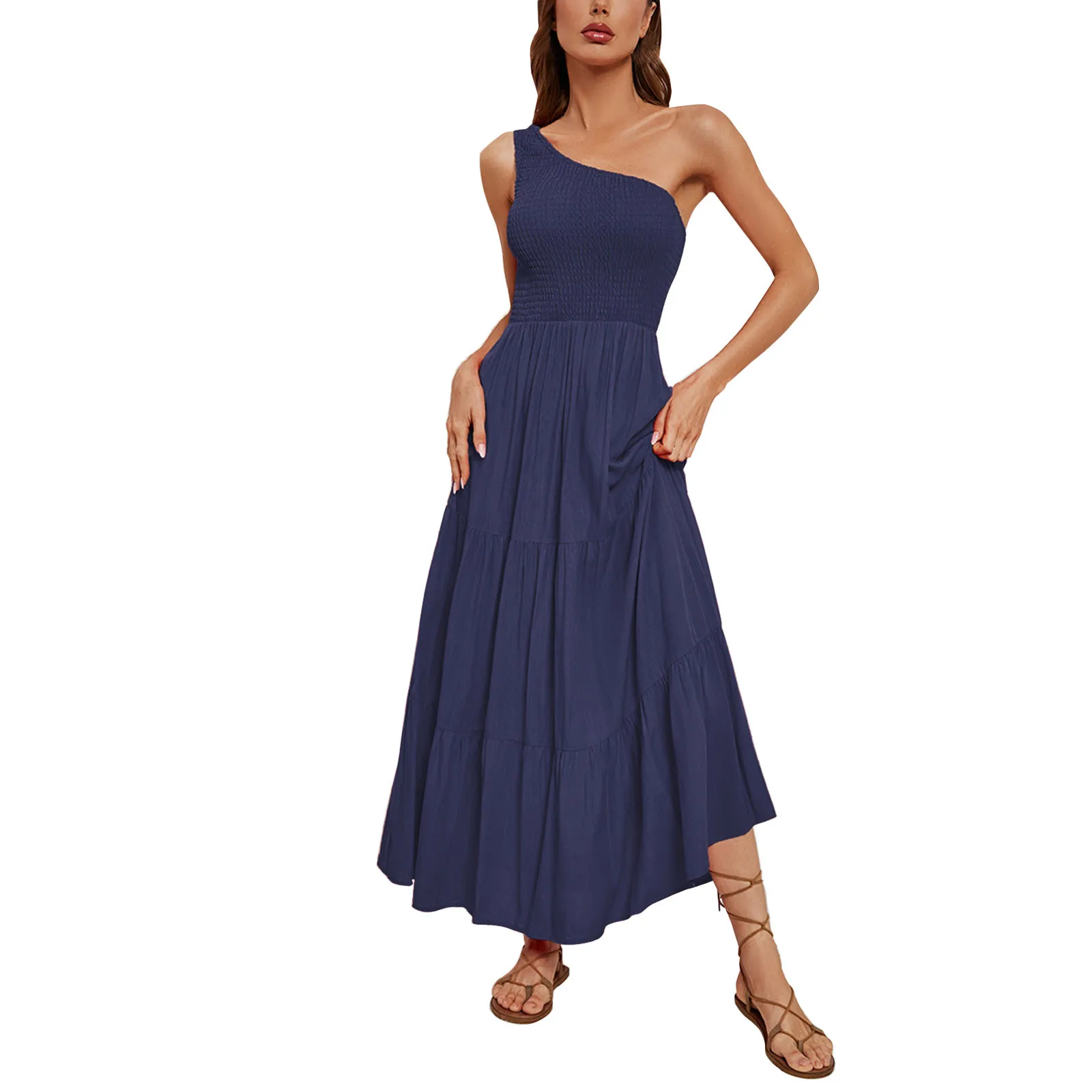 

Women'S New One Shoulder Dress Solid Slim Fit Slant Neck Large Swing Dress Fashion Casual Vacation Daily Temperament Dresses
