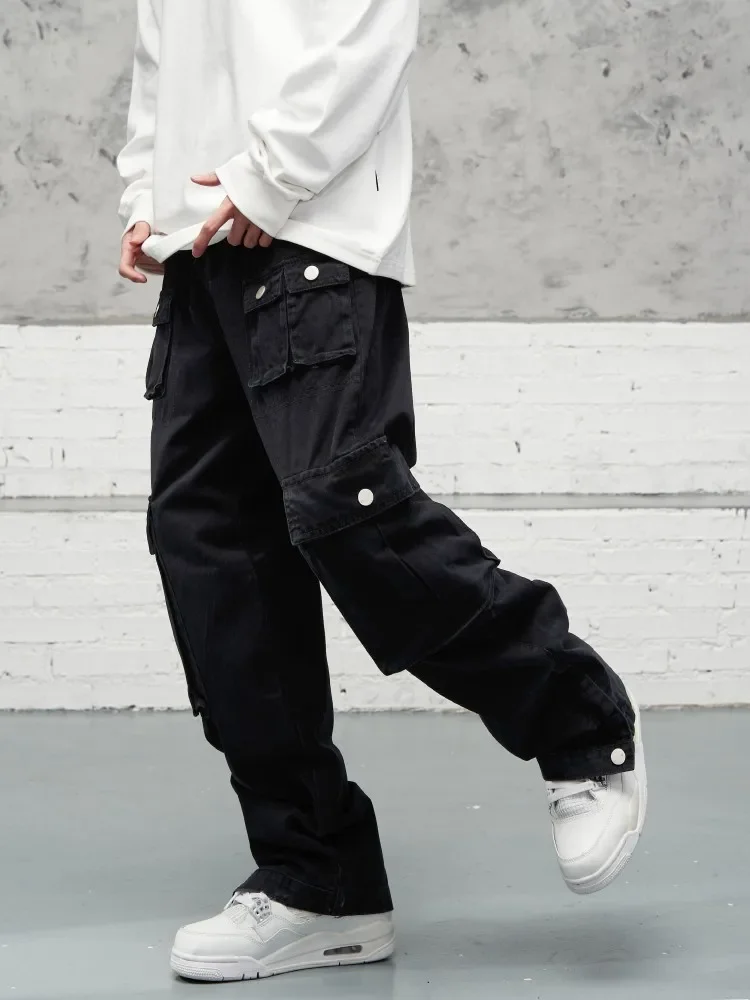

Джинсы-карго мужские с множеством карманов, уличная одежда в стиле хип-хоп, свободные черные повседневные брюки на молнии, прямые джинсовые штаны в ретро стиле