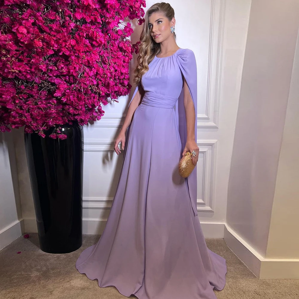 

Sevintage Lavender Saudi Arabic Chiffon Evening Dresses Long Cap Sleeves Scoop Formal Prom Party Gowns Wedding Bridesmaid Dress