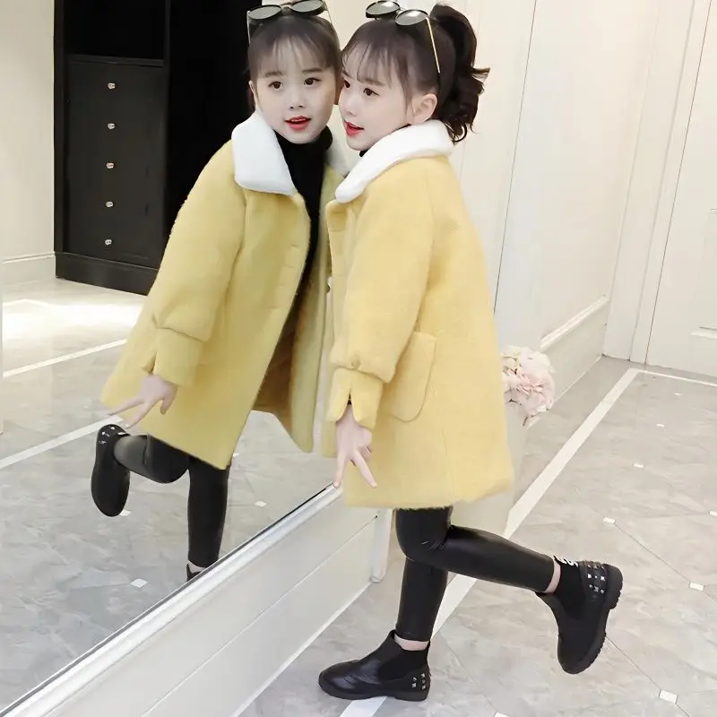 

Imitation Mink Velvet Long Coat Girls Autumn Winter Warm Loose Wool Blends Jacket Kids Korean Fashion Fleece Overcoat W62