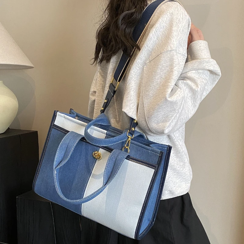 

2024 New Fashionable Contrast Color Crossbody Tote Bag Spliced Denim Handbag Women's One Shoulder Commuter Casual Crossbody Bag