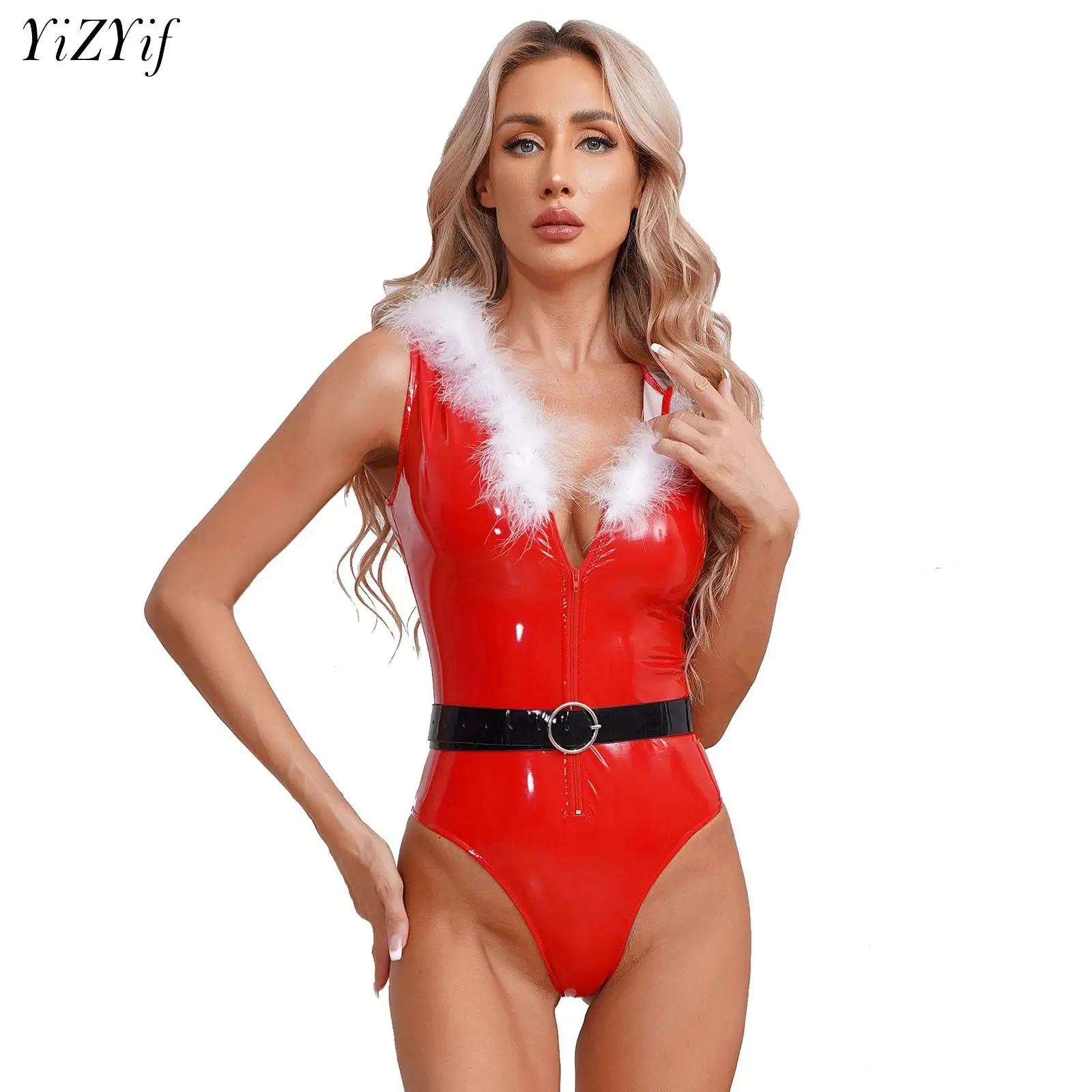 

Women Xmas Santa Claus Christmas Costume Sexy Hot Hooded Bodysuit with Belt Feather Trim Patent Leather Zipper Leotard Jumpsuit