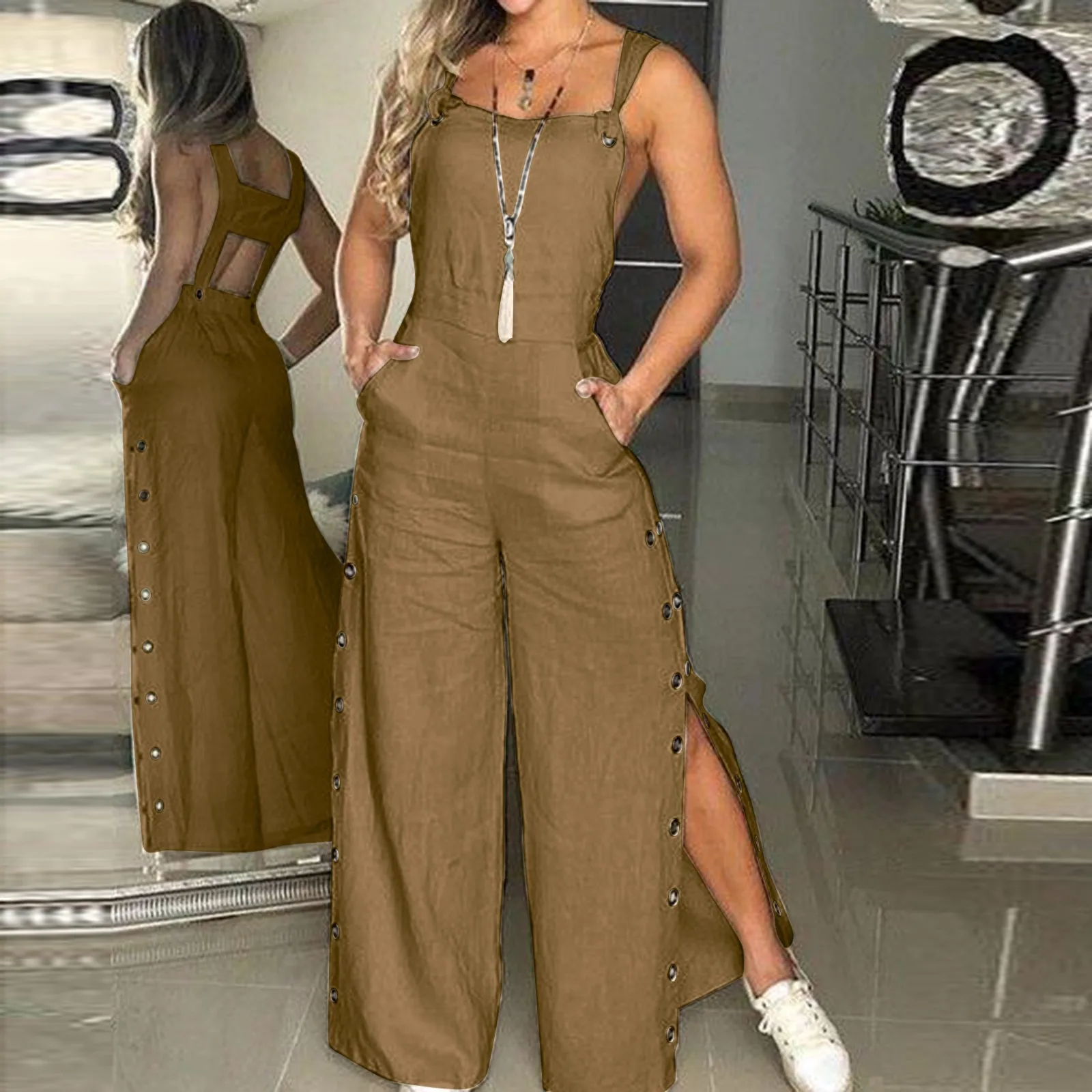 

Women Summer Sleeveless jumpsuits Twisted Knot Cotton Strappy Button Openings Women's Jumpsuits Loose Long Pants With Pockets