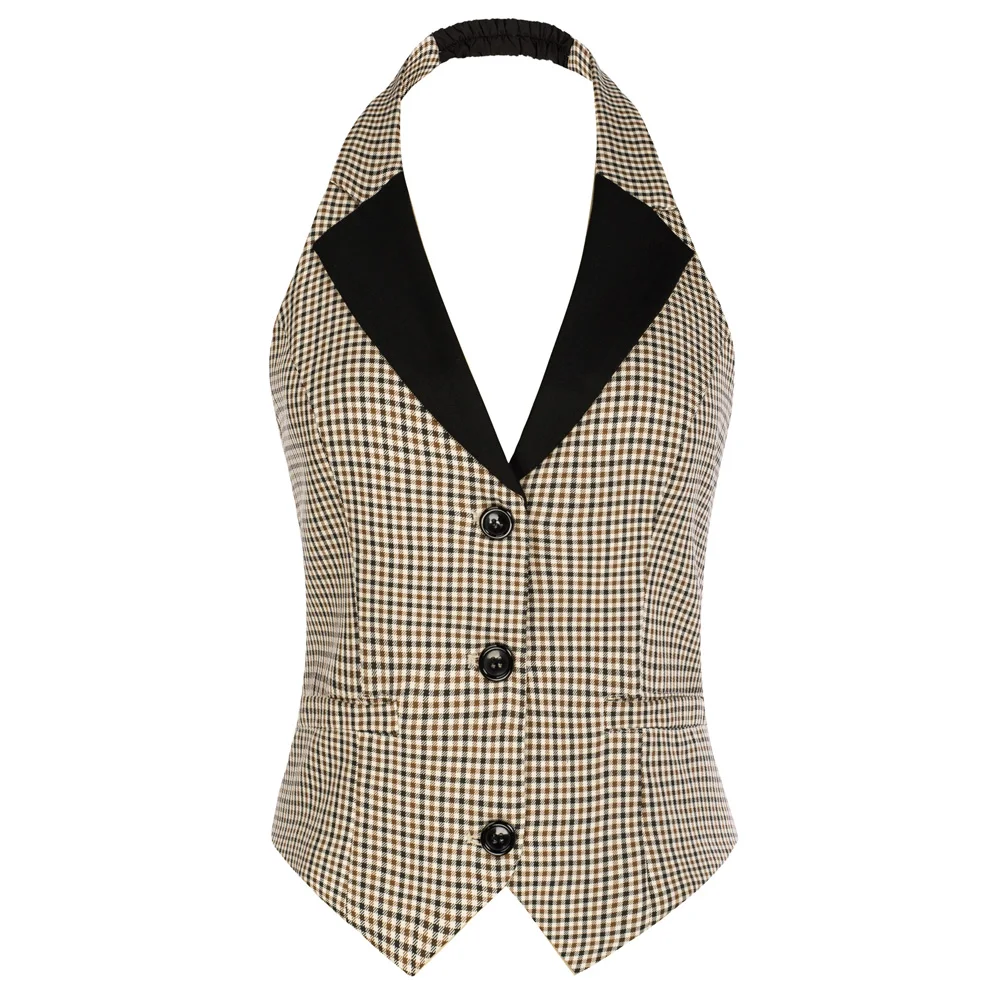 

BP Women Vintage Waistcoat Contrast Color Notch Lapel Single Breasted Halterneck Vest Button Down Dressy Vests A30