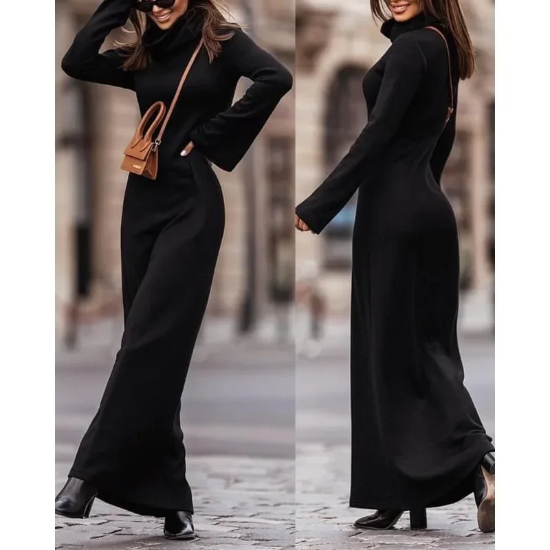 

High Neck Bell Long Sleeve Maxi Dress Elegant Women Autumn Winter High Waist Corset Slim Fit Floor Length Dress Y2K Chic Clothes