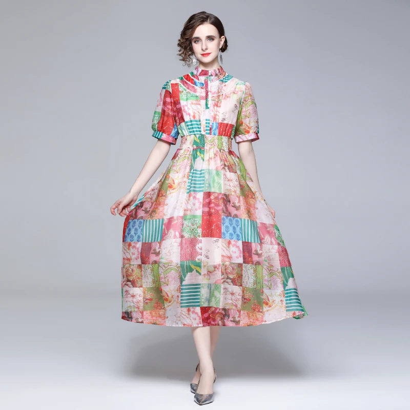 

WTIANYUW Summer Fashion Hit Color Floral Elastic Waist Casual Long Dresses Stand Collar A Line Bohemian Vestidos Robe