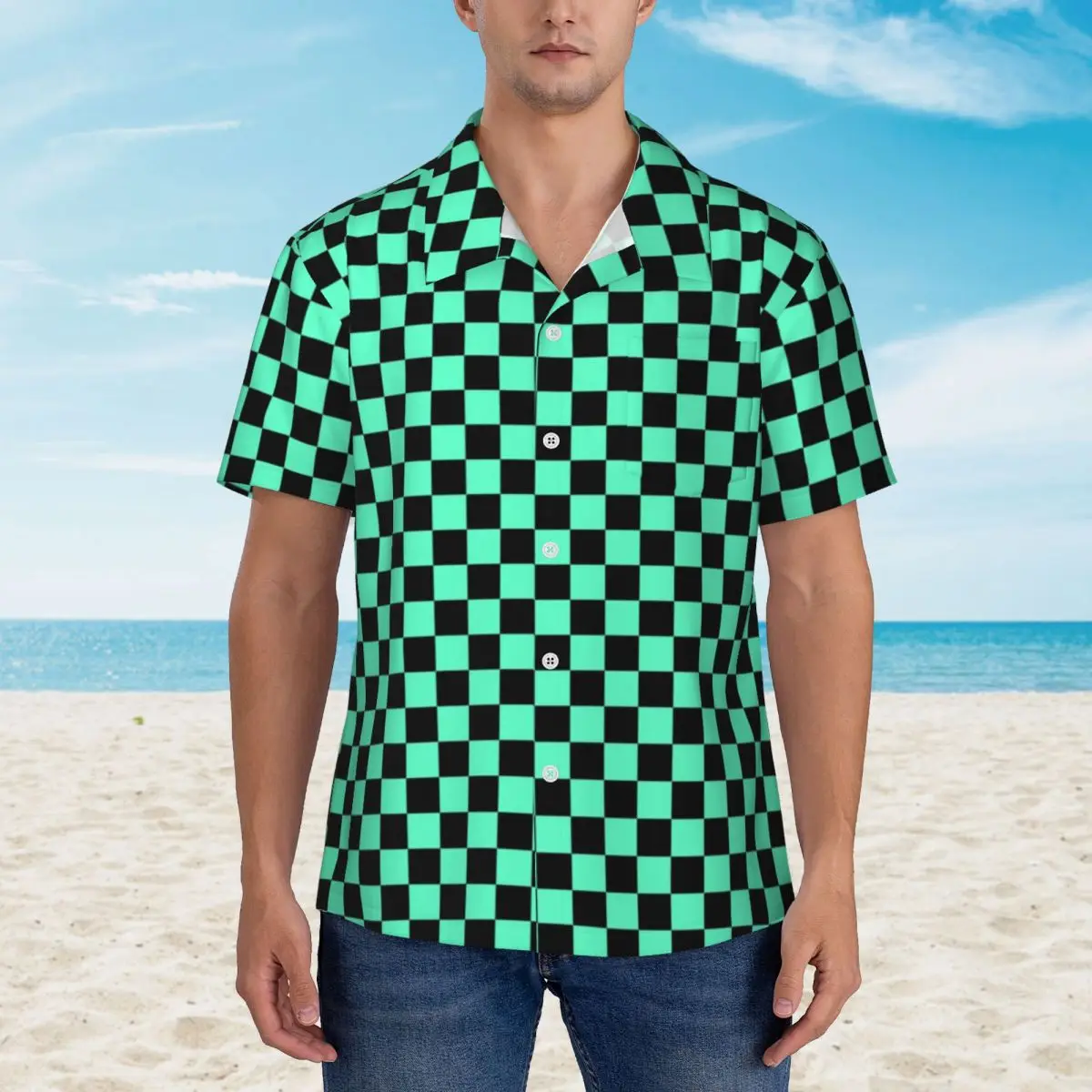 

Checkerboard Vacation Shirt Green and Black Checkers Hawaiian Casual Shirts Men Novelty Blouses Short Sleeves Harajuku Clothing