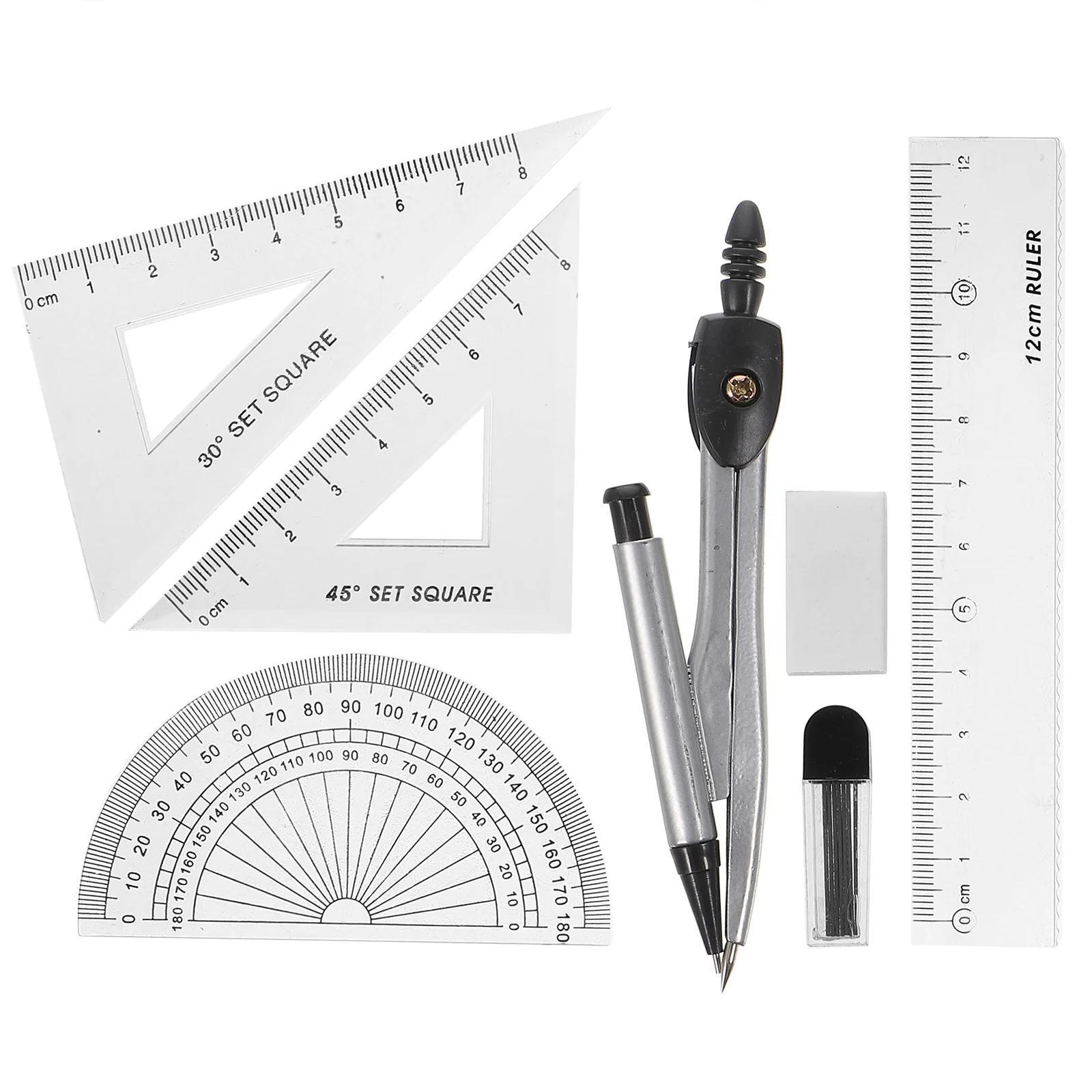 

Compasses Set Geometry Drawing Tool with Protractor Divider Ruler Pencil Lead Eraser