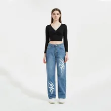 Ladies High Waist Printed Jeans With Pattern Straight Blue Wide Leg Graphic Women's Jeans 2022 Trend Y2k Aesthetic Denim Pants 
Ladies High Waist Printed Jeans With Pattern Straight Blue Wide Leg Graphic Women's Jeans 2022 Trend Y2k Aesthetic Denim Pants