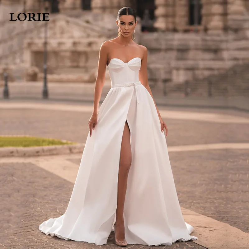 LORIE Princess Wedding Dresses A Line Satin Bridal Gowns Strapless Side Split Wedding Party Gowns 2023 
LORIE Princess Wedding Dresses A Line Satin Bridal Gowns Strapless Side Split Wedding Party Gowns 2023