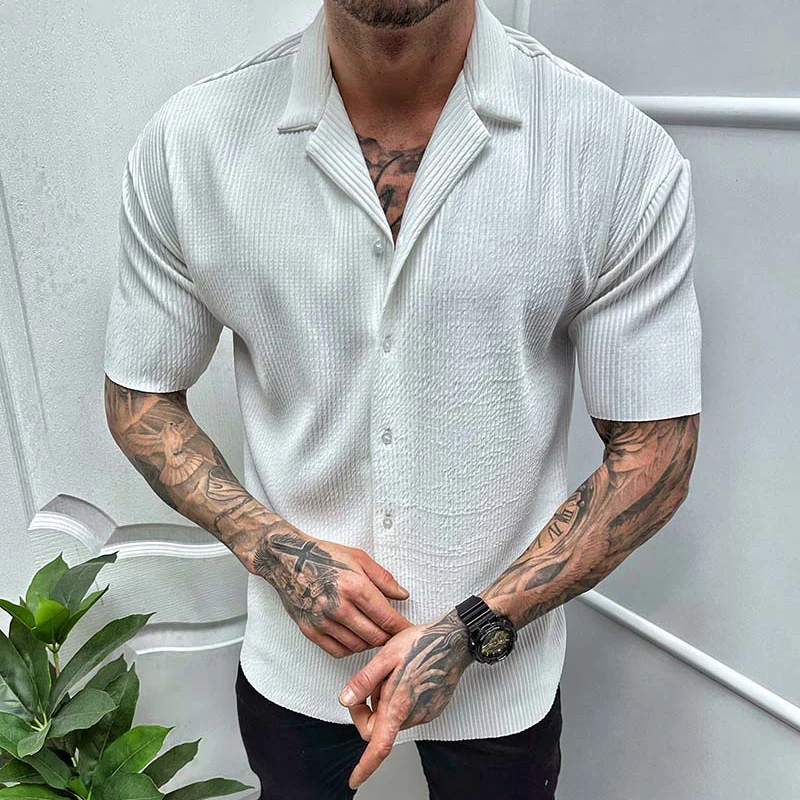 2023 Men's Casual Shirt Fashion Solid Color Lapel Single-breasted Short Sleeve T-Shirt Top Summer Knitted Thin Cardigan Tops
2023 Men's Casual Shirt Fashion Solid Color Lapel Single-breasted Short Sleeve T-Shirt Top Summer Knitted Thin Cardigan Tops