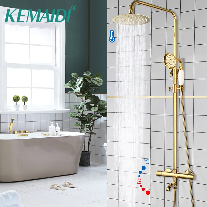 

KEMAIDI Bathroom Thermostatic Bathtub Shower Faucet Golden Plated Rainfall 3 Ways Shower Head Mixer Shower Faucets Set