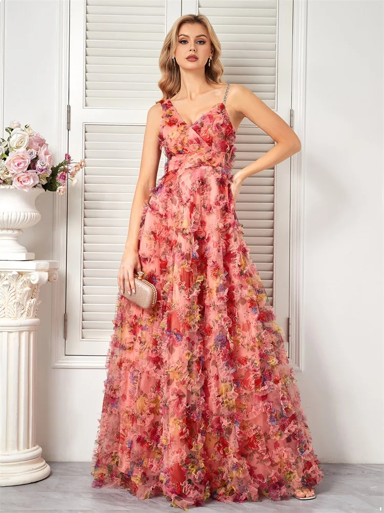 

Роскошное розовое цветочное вечернее платье XUIBOL с V-образным вырезом, женские элегантные тюлевые коктейльные платья для подружки невесты, свадебной вечеринки, выпускного вечера