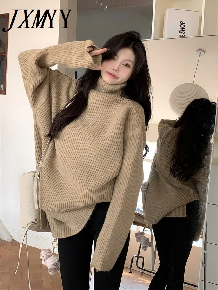 

JXMYY Fashionable New Product Khaki High Neck Lazy Sstyle Sweater Autumn And Winter Elegant Temperament Mid Length Women's Top