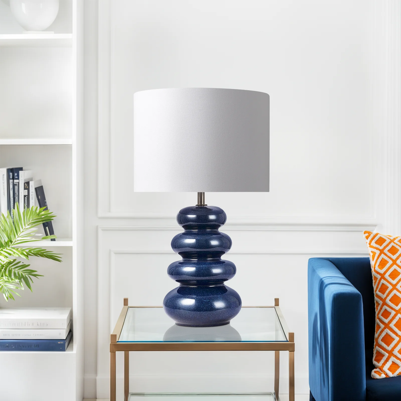 20” Navy Blue Ceramic Table Lamp with White Shade, Handmade Small Pottery Lamp for Living Room, Bedroom, Bedside Table 20” Navy Blue Ceramic Table Lamp with White Shade, Handmade Small Pottery Lamp for Living Room, Bedroom, Bedside Table