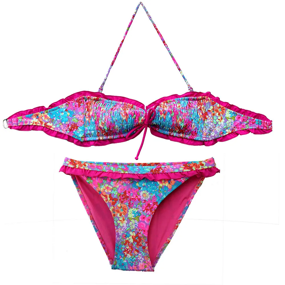 

Designs girl Pink flower print Bikini Set girl Swimwear Women Swimsuit Biquini Bathing Suit maillot de bain