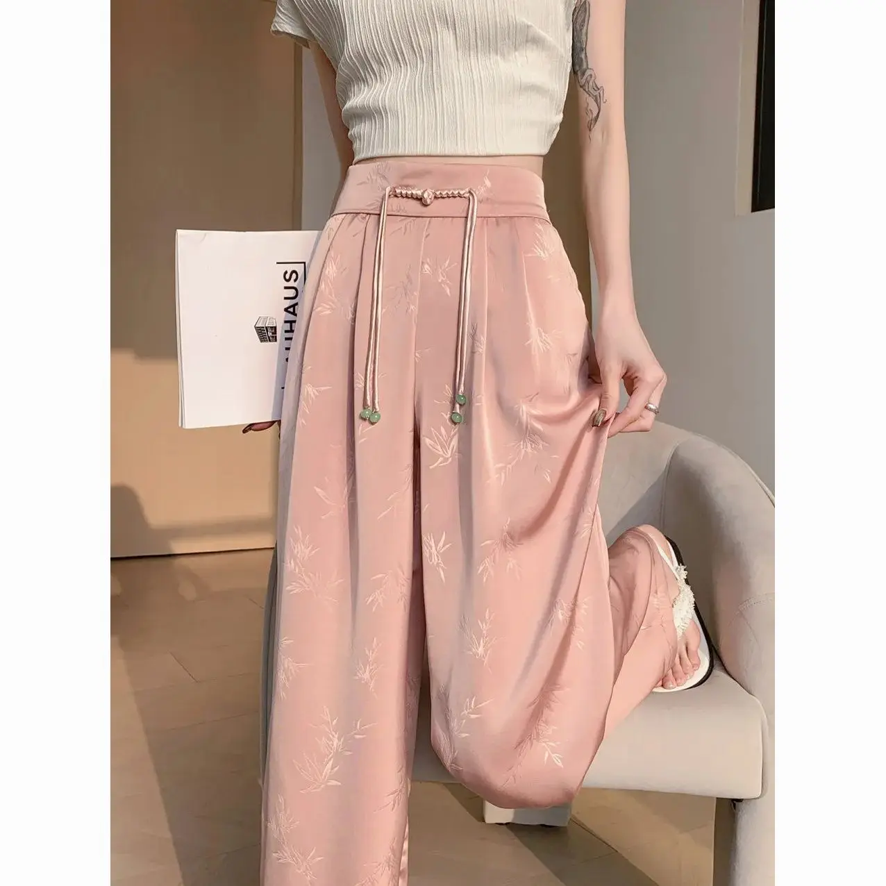 

Korea Style Jacquard Women Pants High Waist Spring Summer Loose Vintage Pantalones De Mujer Wide Leg Trousers