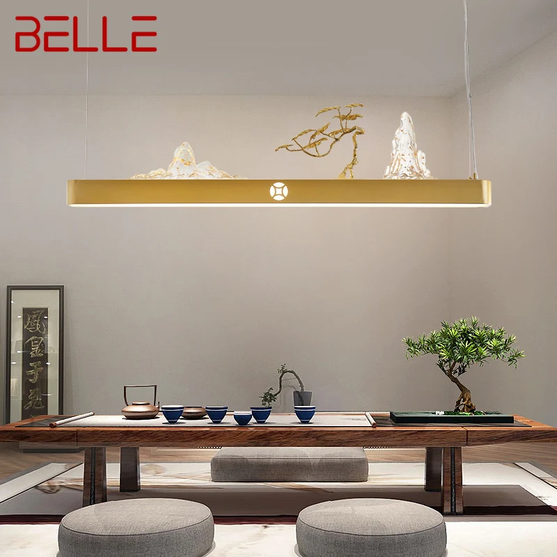 

BELLE Modern Home LED Pendant Light Chinese Creative Gold Rectangular Hill Pattern Chandelier Lamp For Teahouse Dining Room