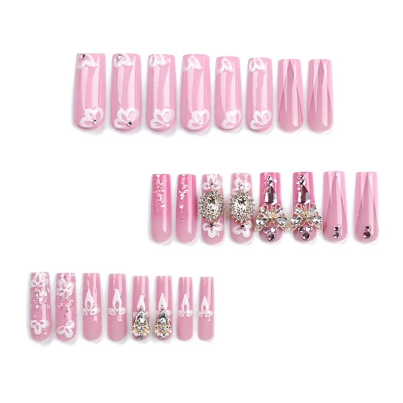Elegant Pink Press on Nails with Butterfly Flower Rhinestones Long Coffin Nails 
Elegant Pink Press on Nails with Butterfly Flower Rhinestones Long Coffin Nails