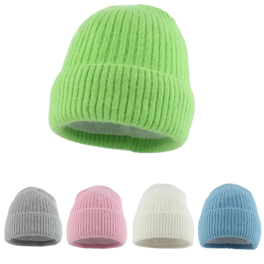 

Rabbit Fur Beanies With Fleece lining Soft Warm Winter Hat For Women Angora Knitted Hat Skullies Beanies Female Bonnet