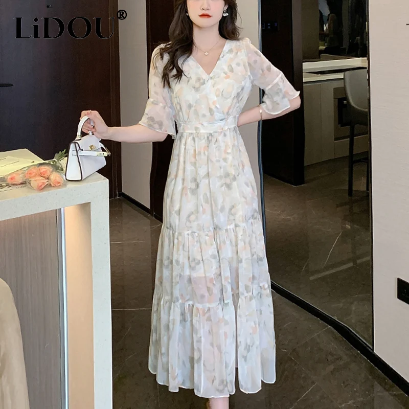 Summer Flare Short Sleeve Floral Printing Midi Dress Ladies Elegant Fashion V-neck Waist Robe Women Temperament Sweet Vestidos 
Summer Flare Short Sleeve Floral Printing Midi Dress Ladies Elegant Fashion V-neck Waist Robe Women Temperament Sweet Vestidos