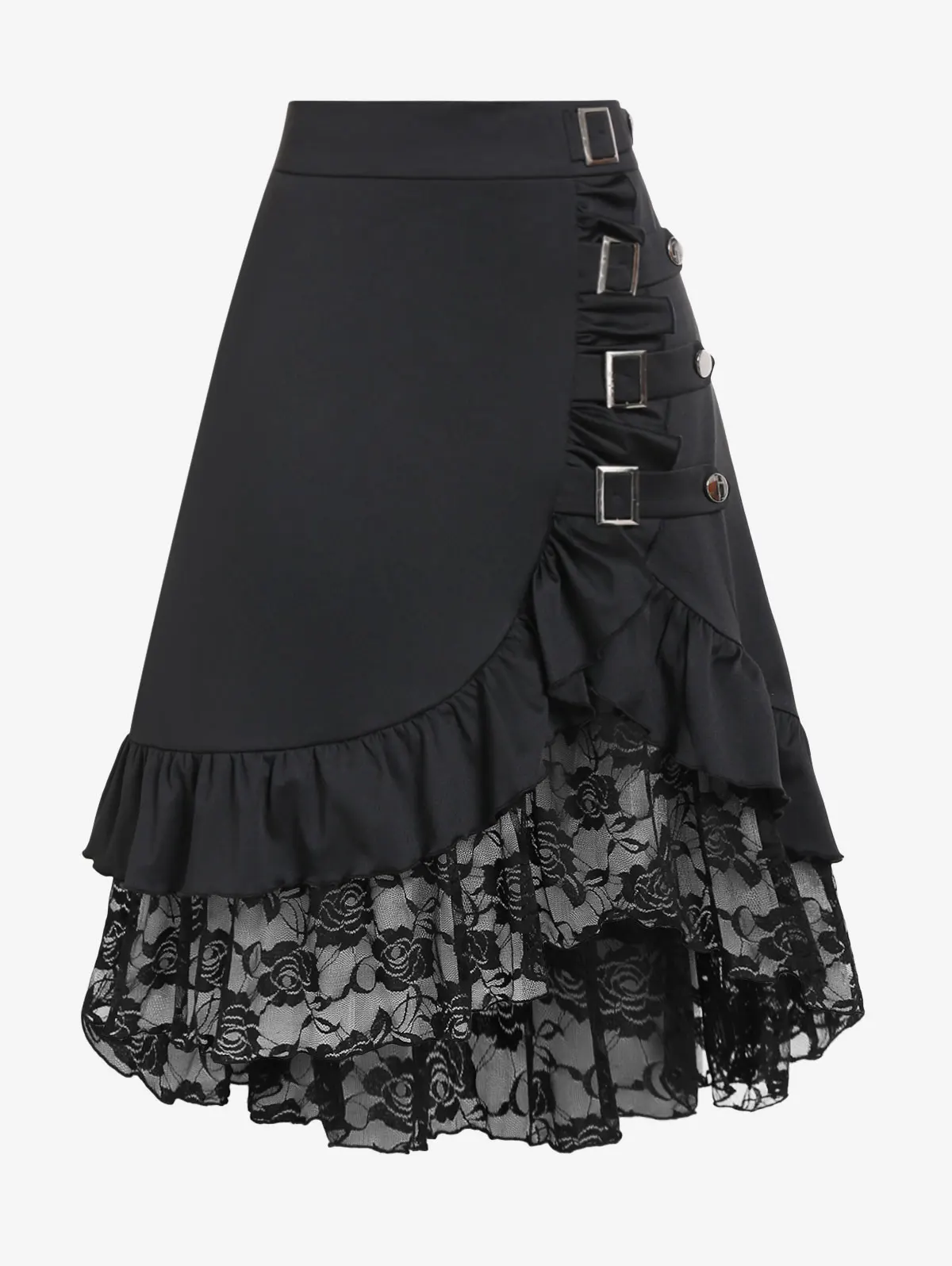 

ROSEGAL Plus Size Flounce Lace Panel Tulip Skirts Gothic High Waist Buckles Midi Skirt Black Women Basics Streetwear Skirt 5XL