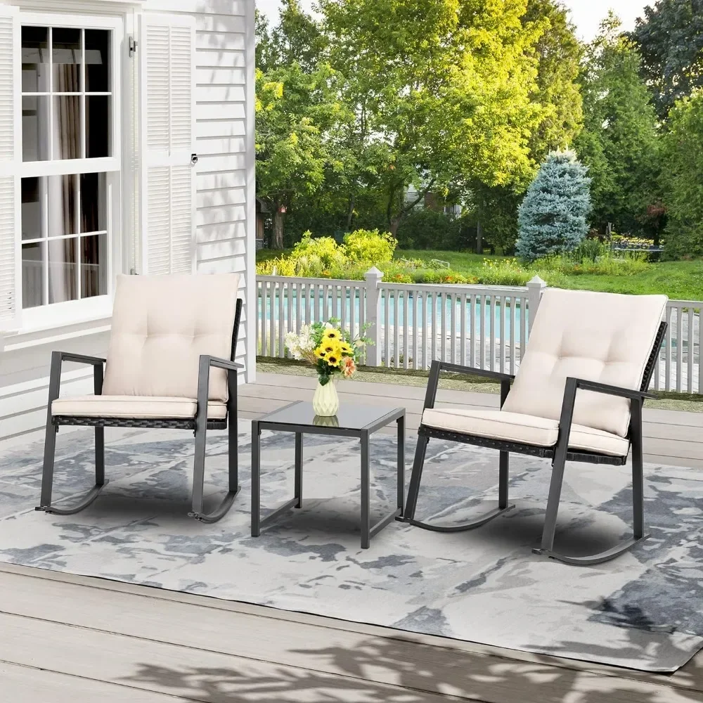 

Patio Chairs 3 Piece Wicker Rocking Chair Outdoor Bistro Sets with Coffee Table and Cushions Metal Frame Patio Furniture