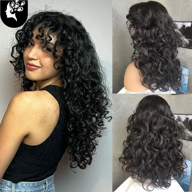 

22“Long Black Wavy Wig With Bangs Afro Kinky Curly Layered Fluffy Hair Wig Synthetic Hair Wigs For Black Women Party Cosplay Wig