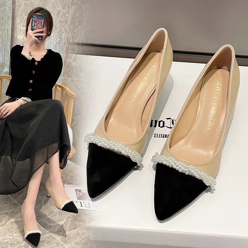 

Shoes High Heels Stiletto Shallow Mouth 2024 Sandals Ladies Slip On Classic Style Lace-Up Pointed Pumps Fine Sheepskin Spring Bi