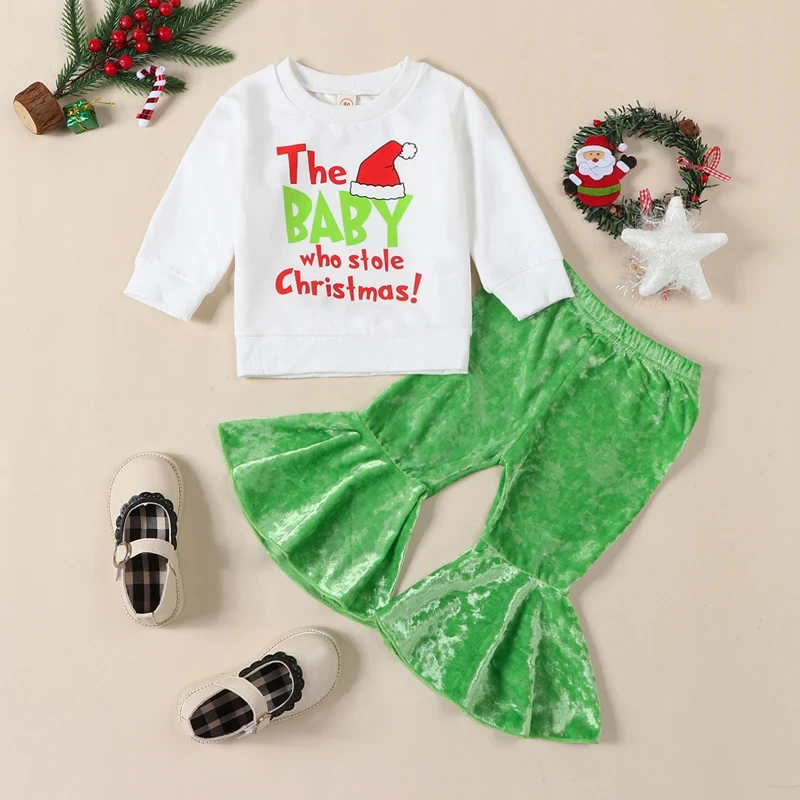 Girls Fall Outfits Letter Santa Hat Print Children Kid Sweatshirts Green Flare Pants 2Pcs Christmas Clothes Set
Girls Fall Outfits Letter Santa Hat Print Children Kid Sweatshirts Green Flare Pants 2Pcs Christmas Clothes Set
