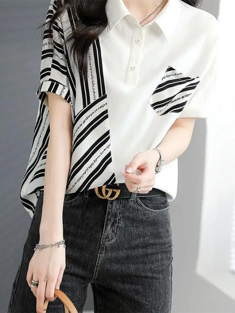 Fashionable Casual Striped Patchwork Short Sleeved T-shirt Summer Casual Loose Slimming Versatile Tops Fashion Clothes for Women Fashionable Casual Striped Patchwork Short Sleeved T-shirt Summer Casual Loose Slimming Versatile Tops Fashion Clothes for Women