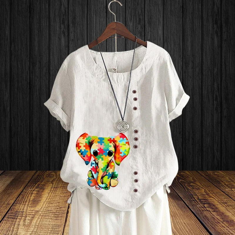 

Women's Summer Fashion Color Elephant Print Linen T Shirt Casual Loose Round Neck Plus Size Short Sleeve Shirt Shirt Top