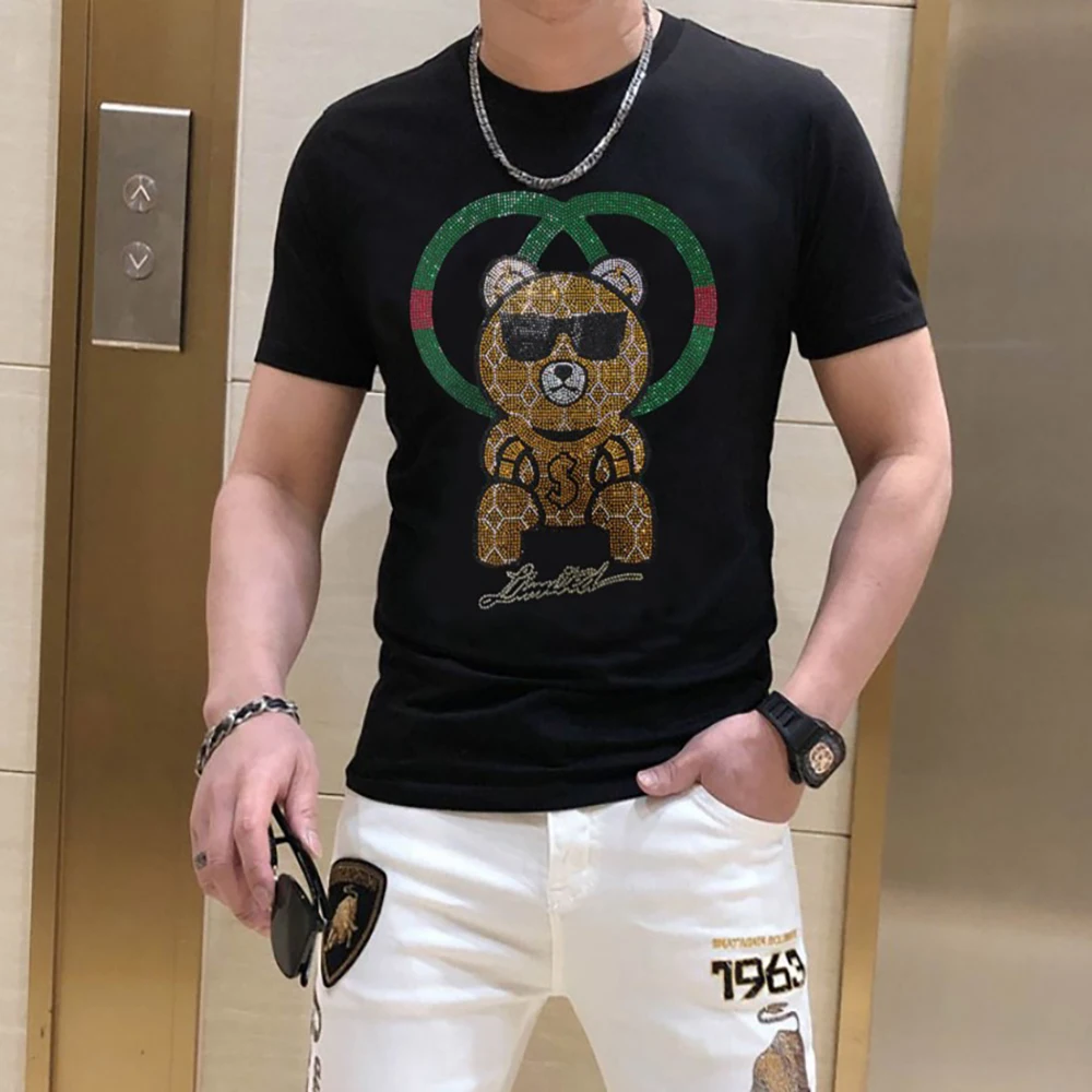 

New Brand clothing Rhinestone Summer top quality t shirt homme Brand designer streetwear