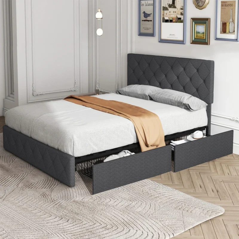 Modern Upholstered Bed Frame with 4 Drawers, Platform Bed with Button Tufted Headboard Dark Grey
Modern Upholstered Bed Frame with 4 Drawers, Platform Bed with Button Tufted Headboard Dark Grey