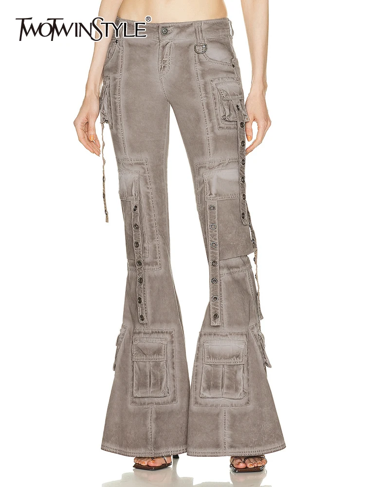 

TWOTWINSTYLE Solid Streetwear Spliced Pocket Flare Pants For Women High Waist Patchwork Belt Designer Cargo Pants Female Style