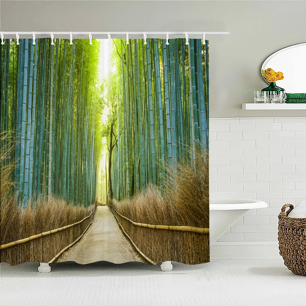 

Занавеска для душа из бамбука с 3D рисунком растений, занавеска для ванной из натурального ландшафта, водонепроницаемая ткань из полиэстера, домашний декор