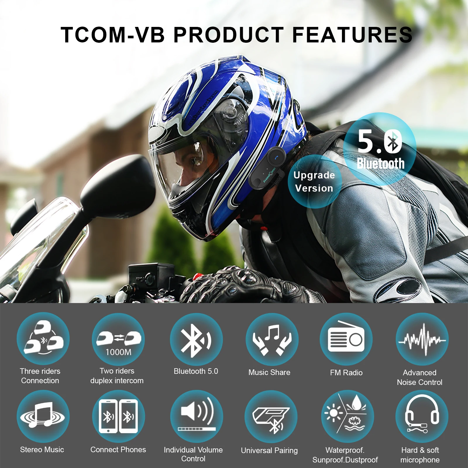 Freedconn Motorcycle Helmet Headset Stereo Bluetooth Hands Free Call Wireless Communication Interphone Music Sharing 6 Riders S02c1a039710d4eb6b50de45ab278215ei