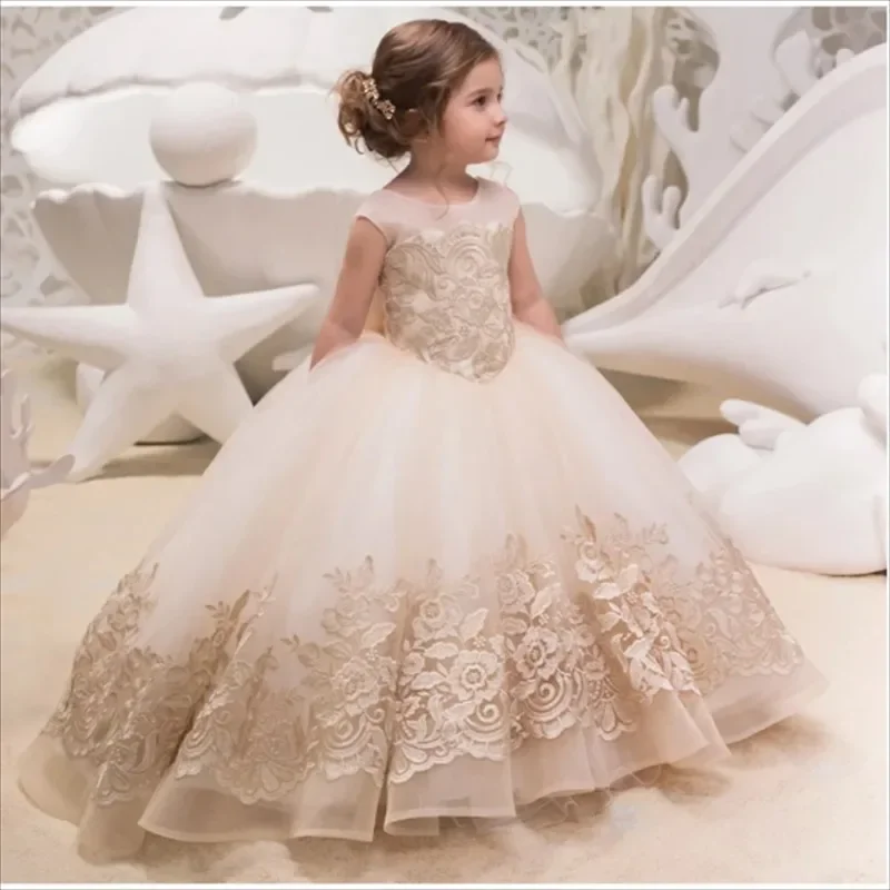 

Champagne Flower Girl Dress Applique V Back Bow Lace Baby Girl Birthday Party Wedding First Communion Holiday Dress