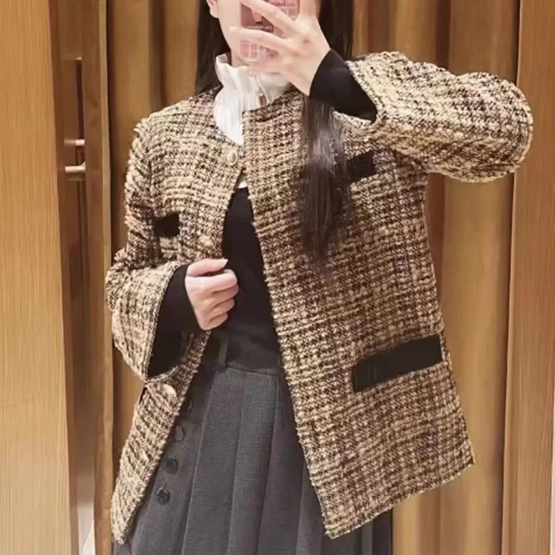 

Women Plaid Coat Single Breasted Round Neck Long Sleeve Fashion 2024 Spring Female Tweed Jacket