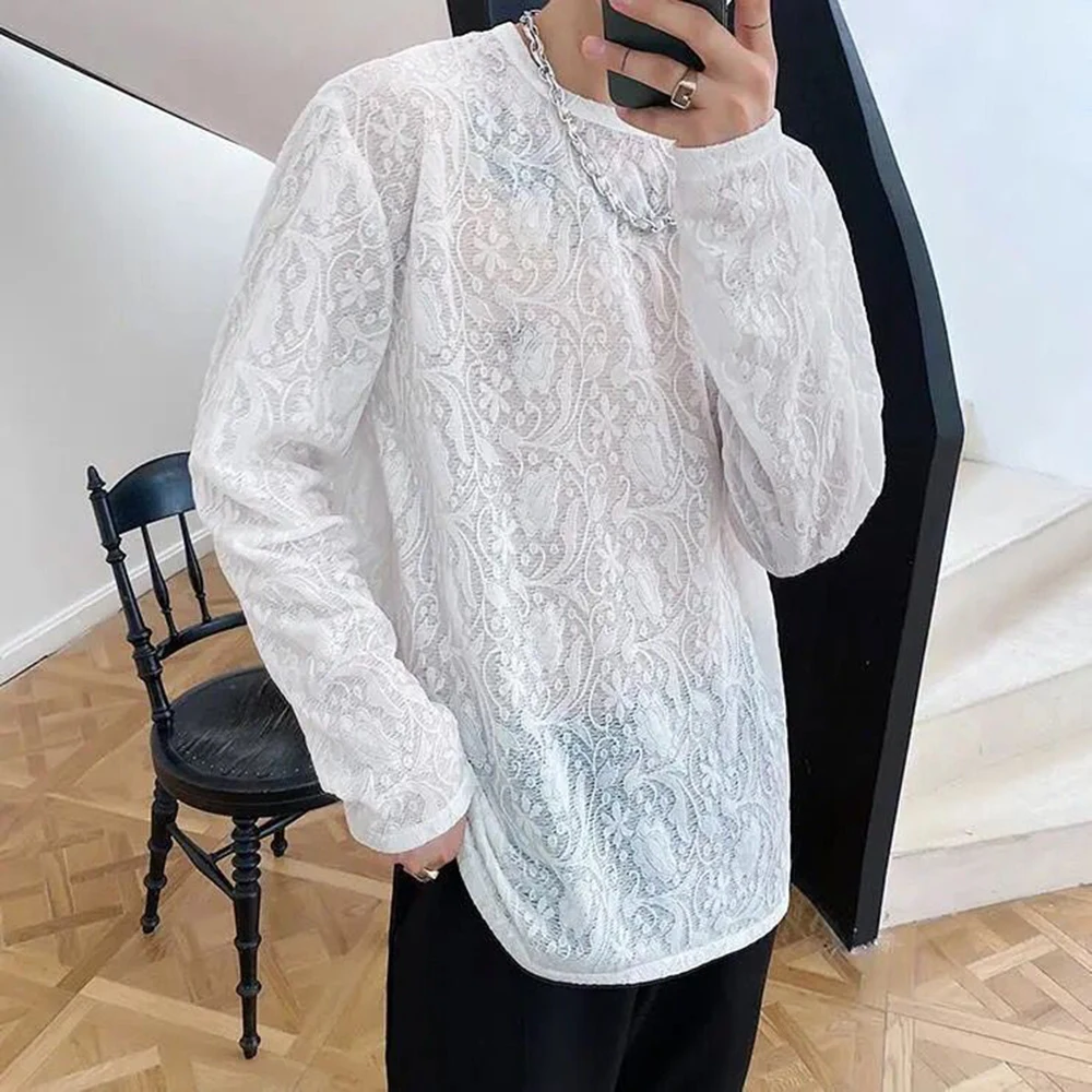 Mens Lace See-Through Jacquard Long-Sleeved Top 2024 New Fashion Sexy Nightclub Youth Personality Versatile Thin T-Shirt For Men
Mens Lace See-Through Jacquard Long-Sleeved Top 2024 New Fashion Sexy Nightclub Youth Personality Versatile Thin T-Shirt For Men