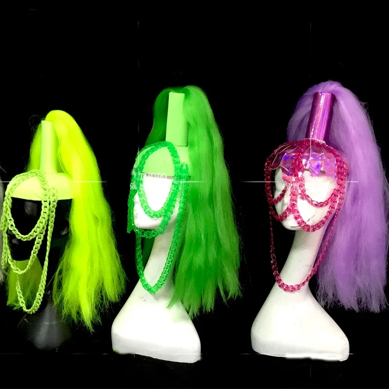

Nightclub Bar Dancer Stage Accessories Women Fluorescent Color Chain Headwear Wigs Cosplay Drag Queen Costume Rave Outfit XS2939