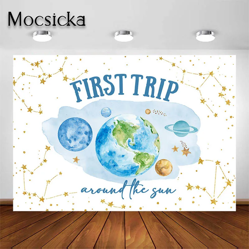

Mocsicka 1st Birthday Party Backdrop for Boys Blue Space Planet Background Kids Portrait Photo Studio Props Party Decor Banner